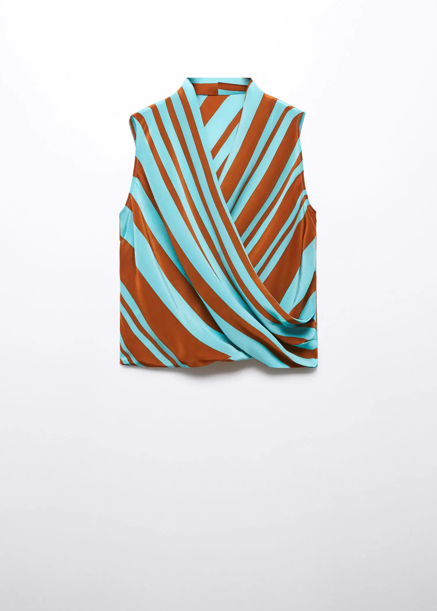 Mango Striped wrap blouse. a blue and brown striped top hanging on a wall. 