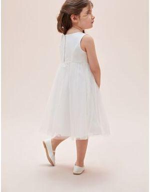 Askılı Çiçek İşlemeli Tül Etekli Çocuk Elbisesi