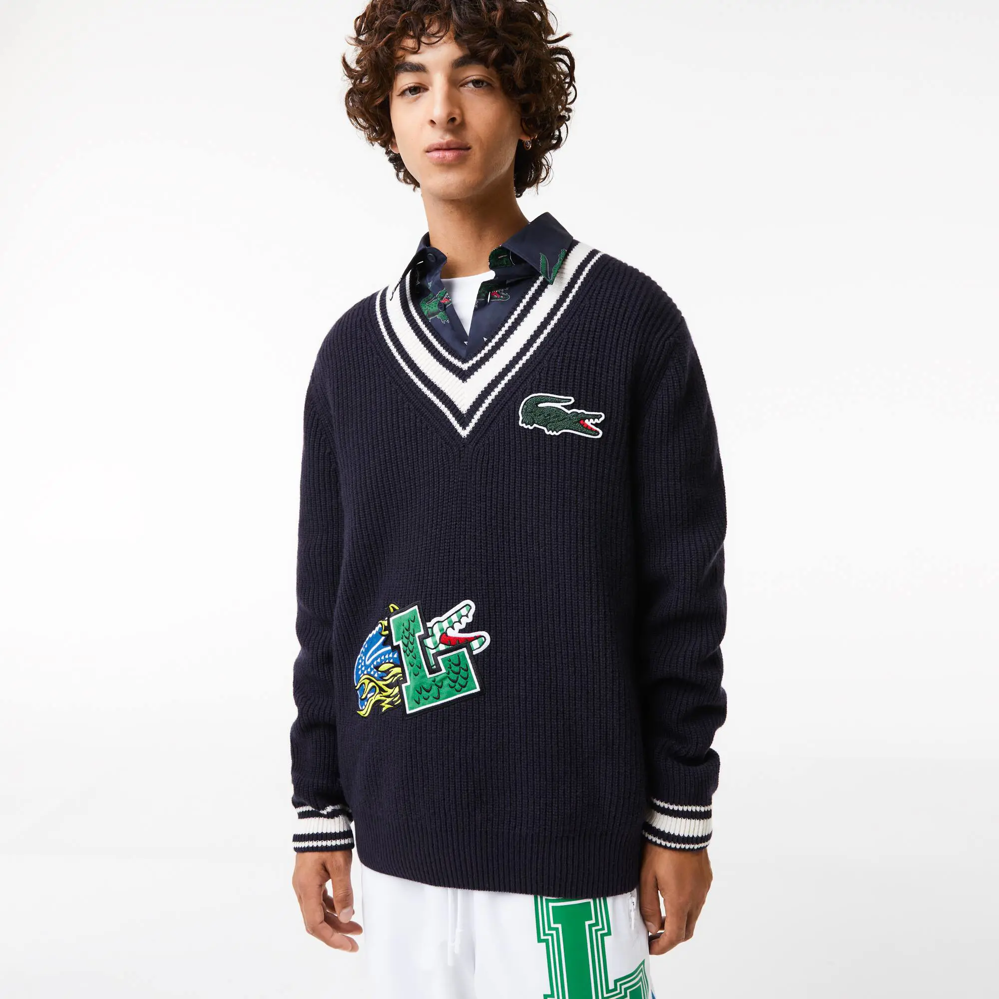 Lacoste Men's Lacoste Holiday Comic Badge Striped V-Neck Sweater. 1
