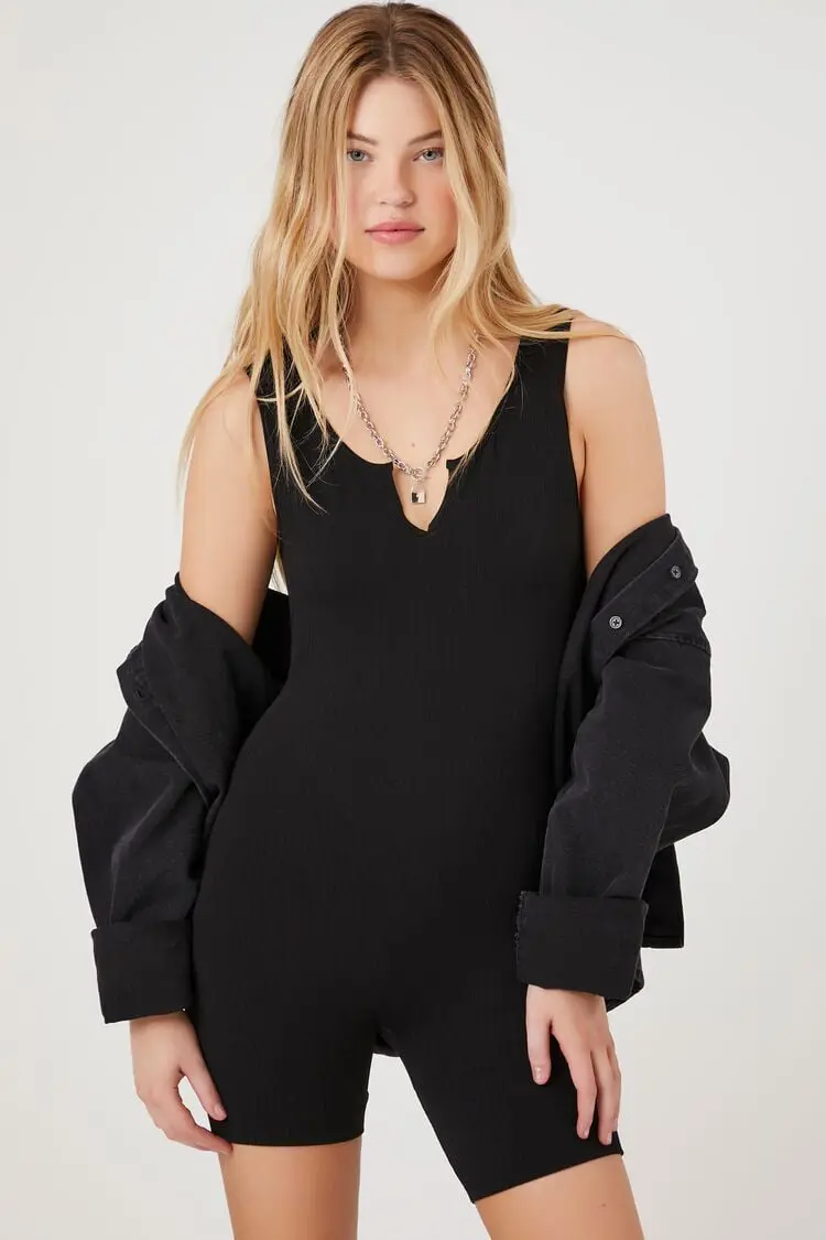 Forever 21 Forever 21 Ribbed Knit Fitted Romper Black. 1