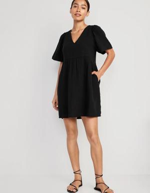 Flutter-Sleeve Textured Mini Swing Dress for Women black