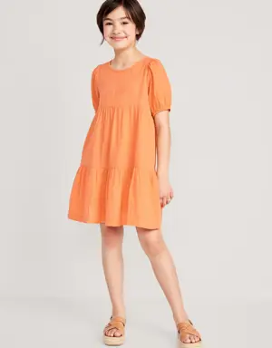 Puff-Sleeve Double-Weave Swing Dress for Girls orange