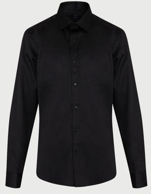 Siyah Comfort Fit Uzun Kol %100Pamuk Düz Saten Klasik Gömlek