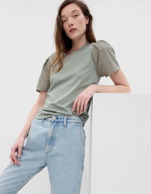 Gap 100% Organic Cotton Vintage Eyelet Puff Sleeve T-Shirt green