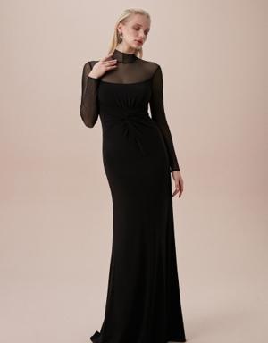 Siyah Uzun Kollu Tül Detaylı Büyük Beden Uzun Krep Elbise