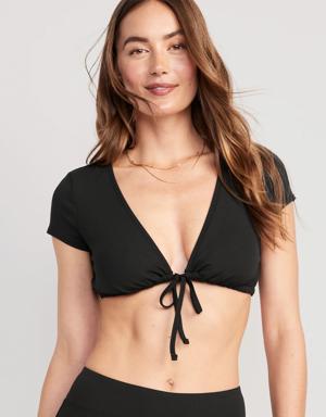 Rib-Knit Tie-Front Bikini Swim Top for Women black