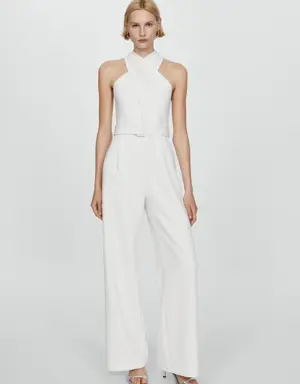 Belted crossover collar jumpsuit