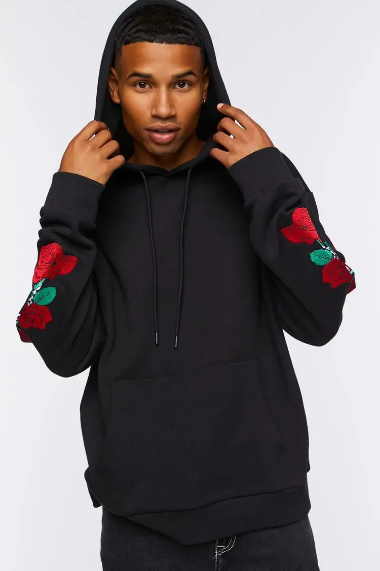 Forever 21 Forever 21 Embroidered Rose Drawstring Hoodie Black/Multi. 1