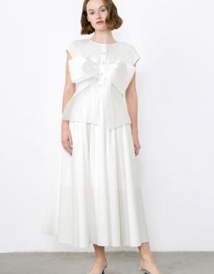 Embroidered Ecru Dress with Bow Detail