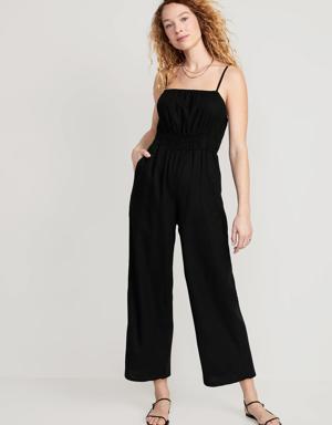 Waist-Defined Linen-Blend Cropped Smocked Cami Jumpsuit for Women black