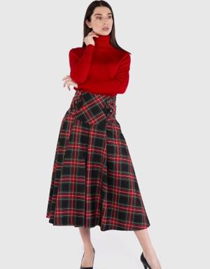High Waist Corsage Midi Length Plaid Red Skirt