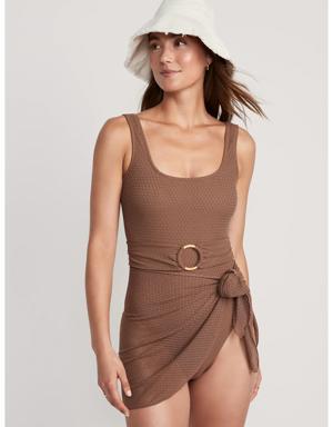 High-Waisted Crochet-Knit Sarong Swim Skirt for Women beige