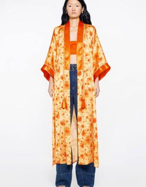 Orange Kimono with Floral Pattern and Belt