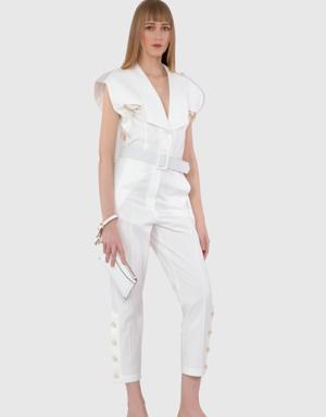 Accessory And Pearl Button Detailed Belted Ecru Jumpsuit