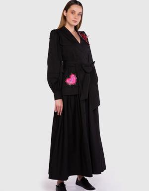 Black Belted Maxi Length Poplin Dress