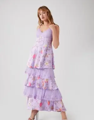 Forever 21 Floral Lace Tiered Maxi Dress Lavender/Multi