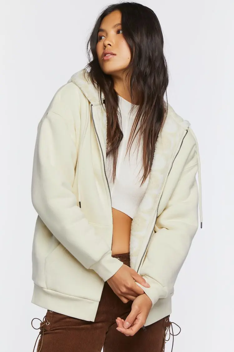 Forever 21 Forever 21 Faux Shearling Zip Up Hoodie Vanilla. 1