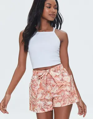 Forever 21 Tropical Leaf Print Belted Shorts Peach /Multi