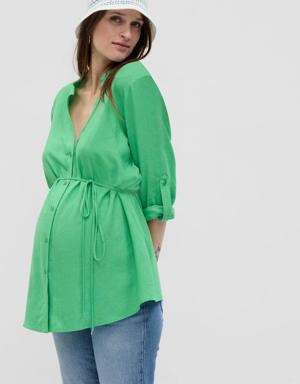 Maternity Linen-Blend Button-Down Shirt green