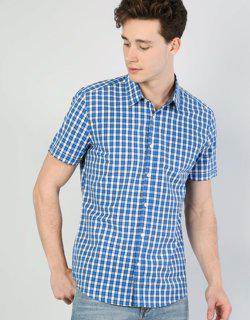Slim Fit Shirt Neck Erkek Mavi Kısa Kol Gömlek