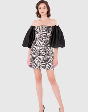 Zebra Patterned Contrast Balloon Sleeve Mini Ecru Dress