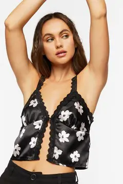 Forever 21 Forever 21 Floral Print Satin Cami Black/Cream. 2