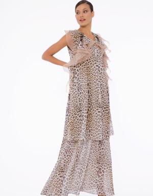 Layered Leopard Chiffon Dress With Beads And Stone Embroidered Organza Volan Detail