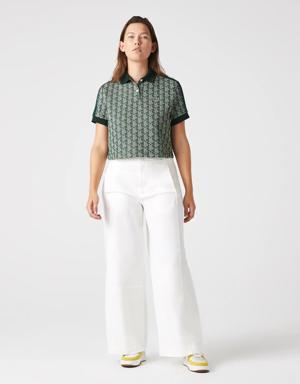 Women's Regular Fit Contrast Collar Monogram Print Polo Shirt