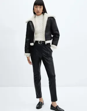 Mango Leather-effect trousers with belt