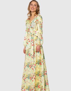 Belted Backless Floral Printed Yellow Dress