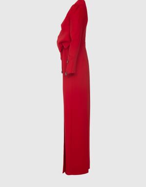 Tie Detailed Red Long Evening Dress