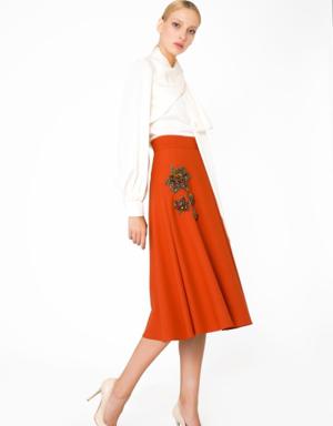 Stone Embroidered Detailed Orange Midi Skirt