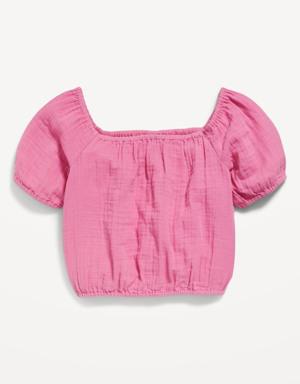 Double-Weave Cropped Puff-Sleeve Top for Girls pink