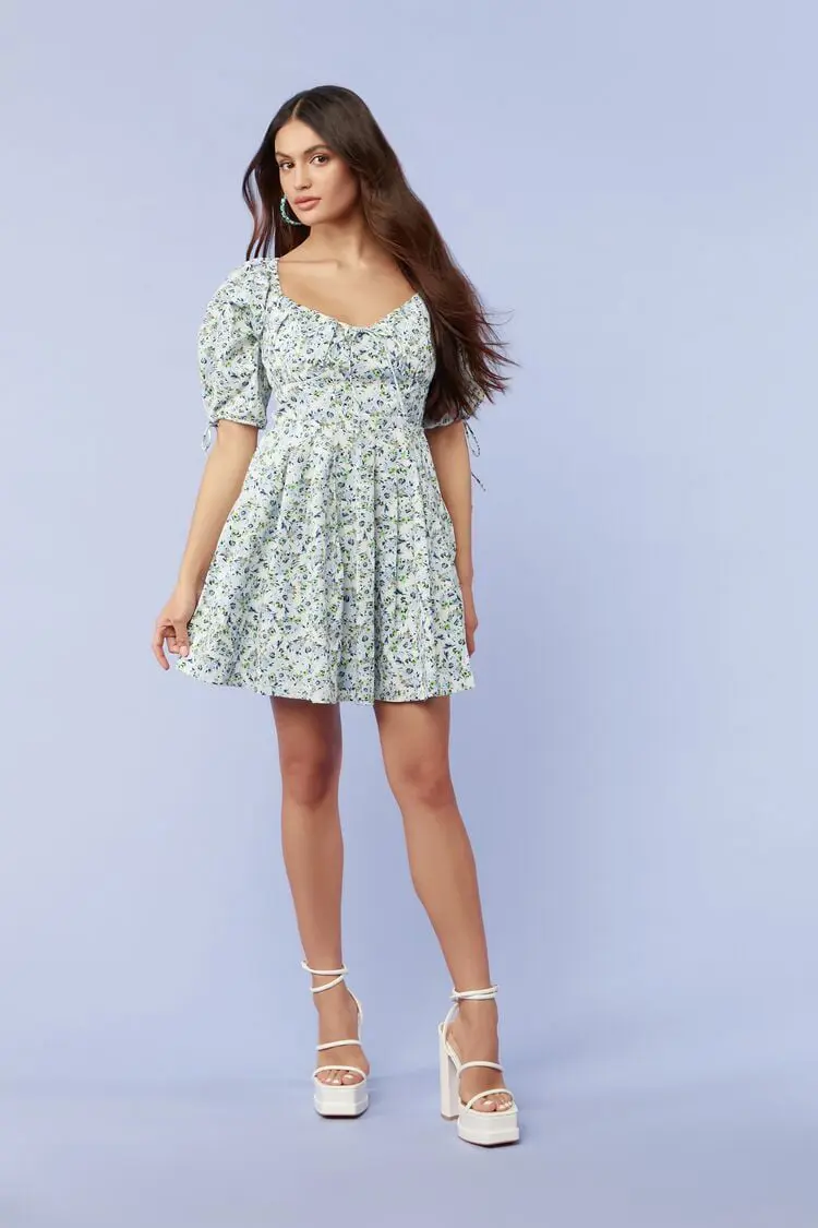 Forever 21 Forever 21 Floral Puff Sleeve Mini Dress White/Multi. 1