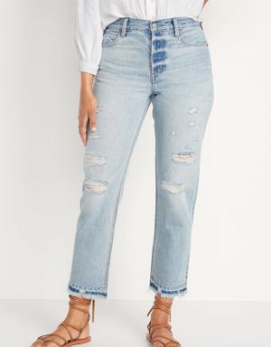 High-Waisted Slouchy Straight Distressed Cut-Off Non-Stretch Jeans for Women blue