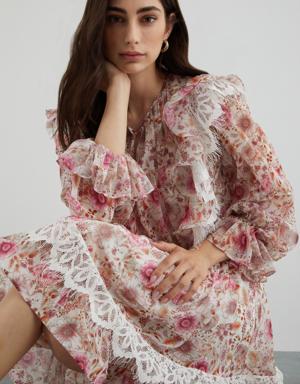 Floral Chiffon Dress With Lace Detail Collar With Tassel Lace