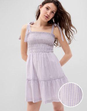 Metallic Stripe Tie-Shoulder Smocked Mini Dress purple