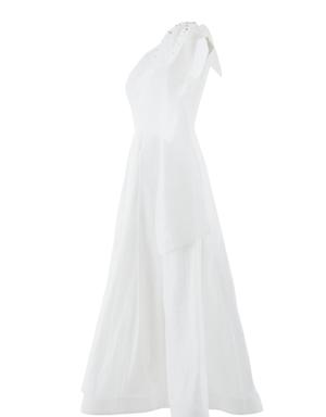 İşlemeli Fiyonk Detaylı Tek Omuz Asimetrik Beyaz Elbise