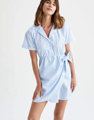 Gömlek Yaka Çizgili Poplin Mini Kısa Kollu Elbise