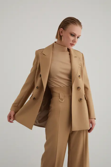 Gizia Blazer Ceketli Yüksek Bel Pantolonlu Kahverengi Takım Elbise. 1