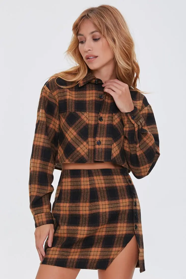 Forever 21 Forever 21 Plaid Shirt &amp; Buttoned Skirt Set Brown/Black. 1