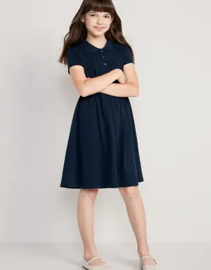 School Uniform Fit & Flare Pique Polo Dress for Girls blue