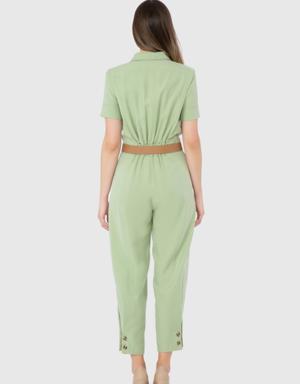 Short Leg Button Detailed Waist Belt Green Jumpsuit Dress