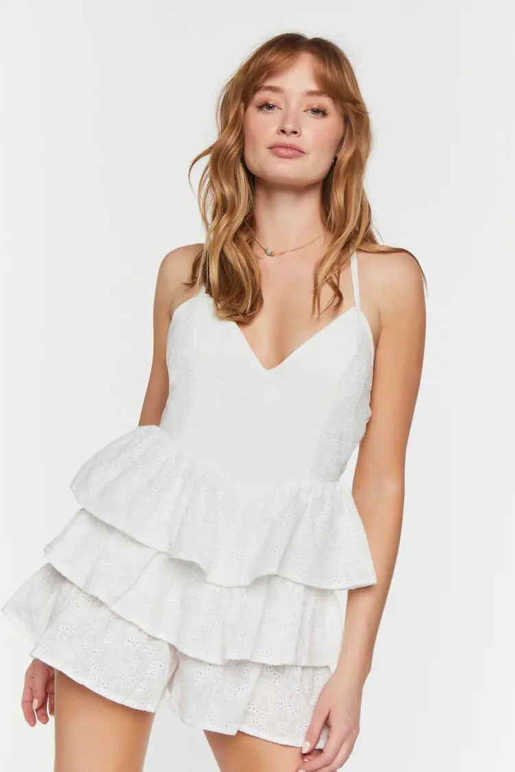 Forever 21 Forever 21 Eyelet Tiered Romper White. 1