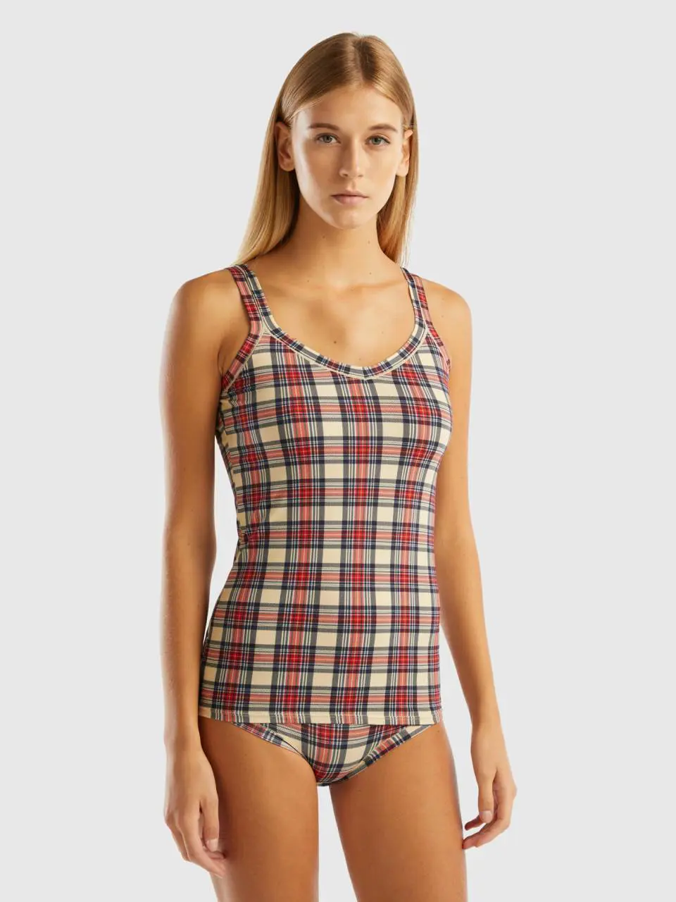 Benetton tartan tank top in super stretch organic cotton. 1