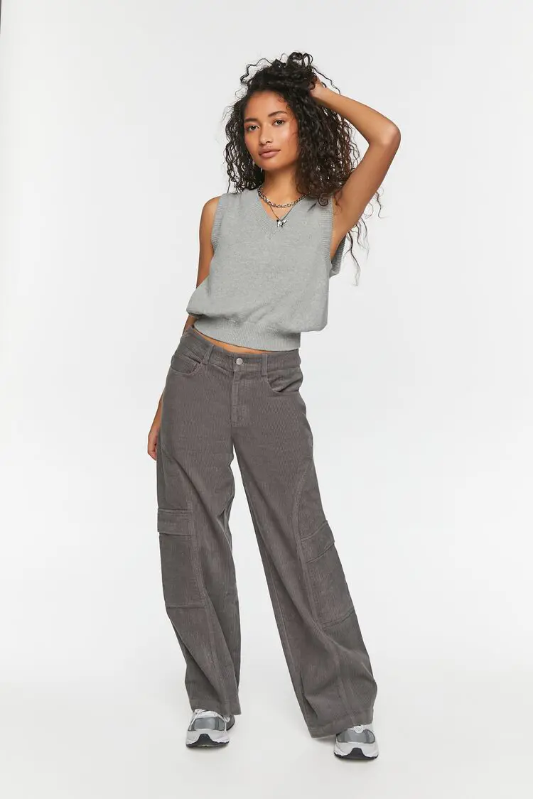 Forever 21 Forever 21 Low Rise Wide Leg Corduroy Pants Charcoal. 1