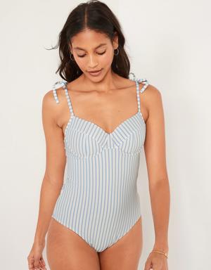 Tie-Shoulder Striped Seersucker Underwire One-Piece Swimsuit for Women blue
