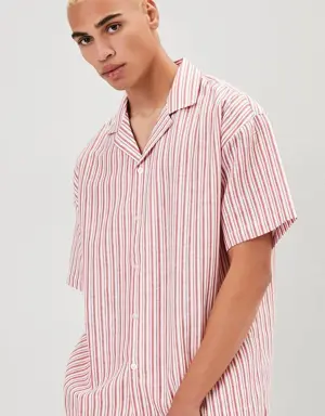 Forever 21 Pinstriped Linen Blend Shirt Red/Cream