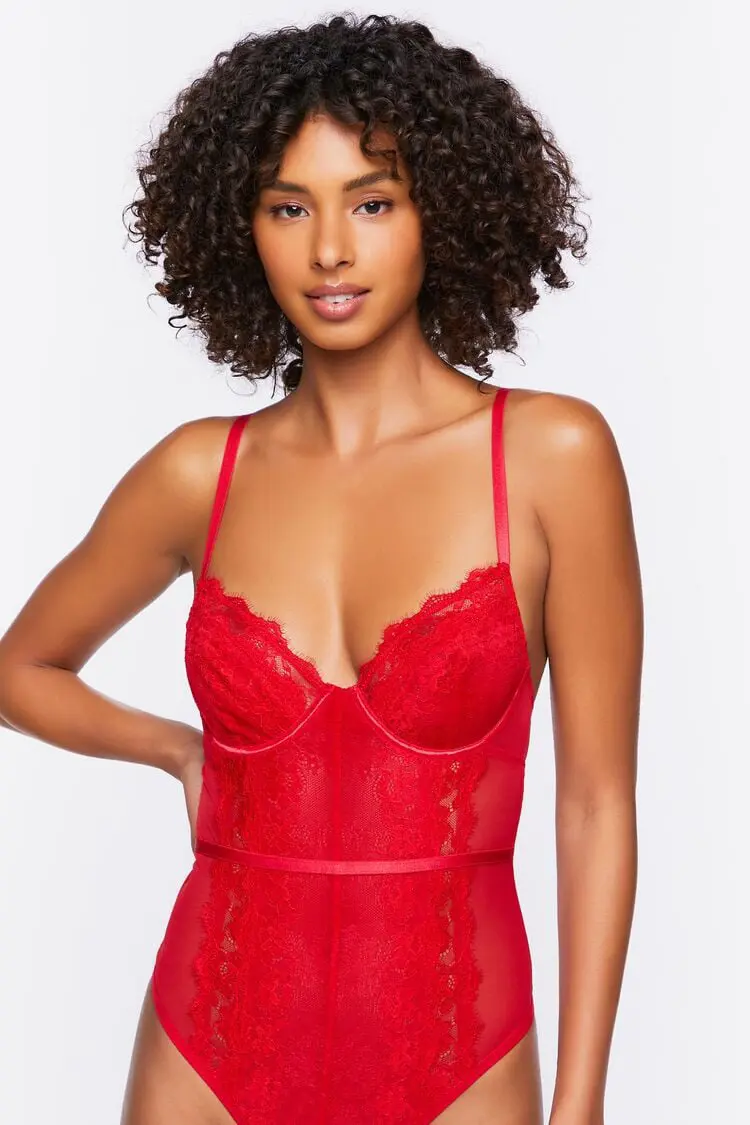 Forever 21 Forever 21 Sheer Lace Trim Teddy Tomato. 1