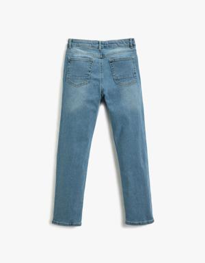 Kot Pantolon Yıpratılmış Detaylı Pamuklu Cepli - Slim Jean Beli Ayarlanabilir Lastikli